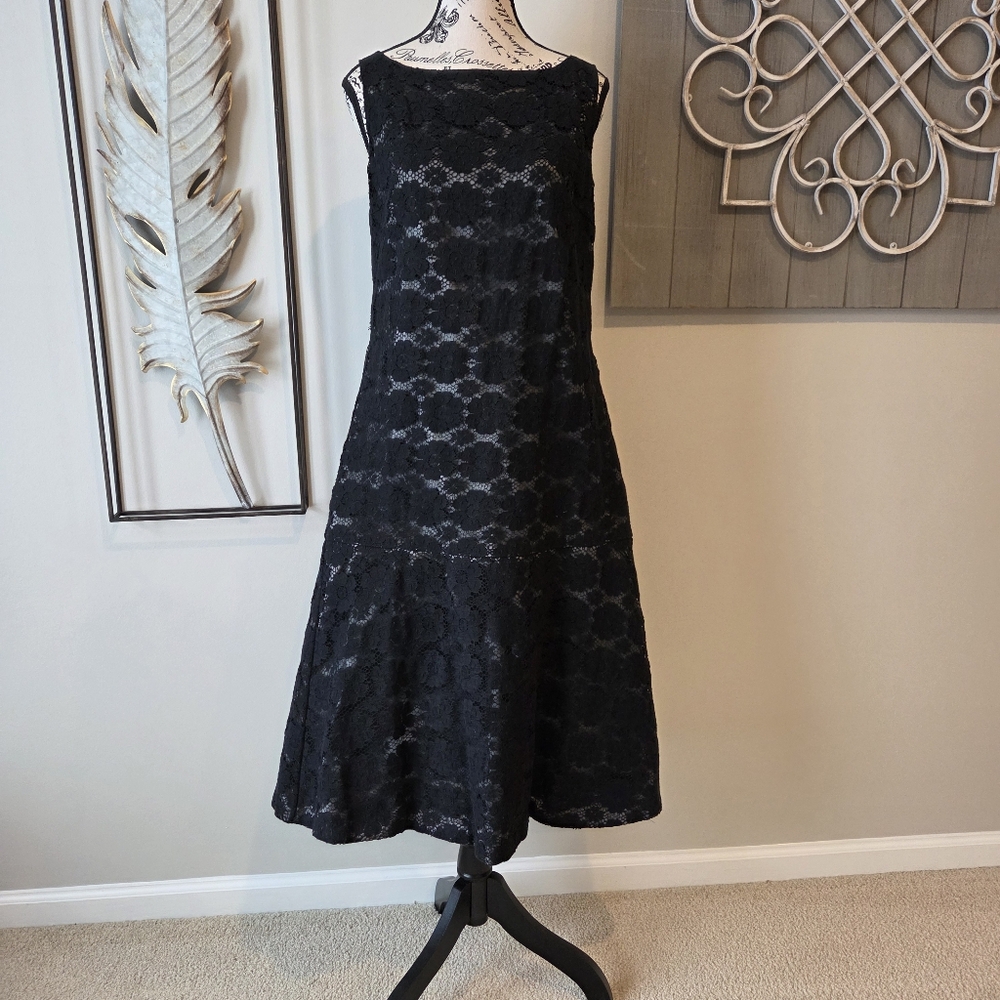 NWT Carolina Harerra Elegant Black Lace Dress With Silver Lining, Size 16